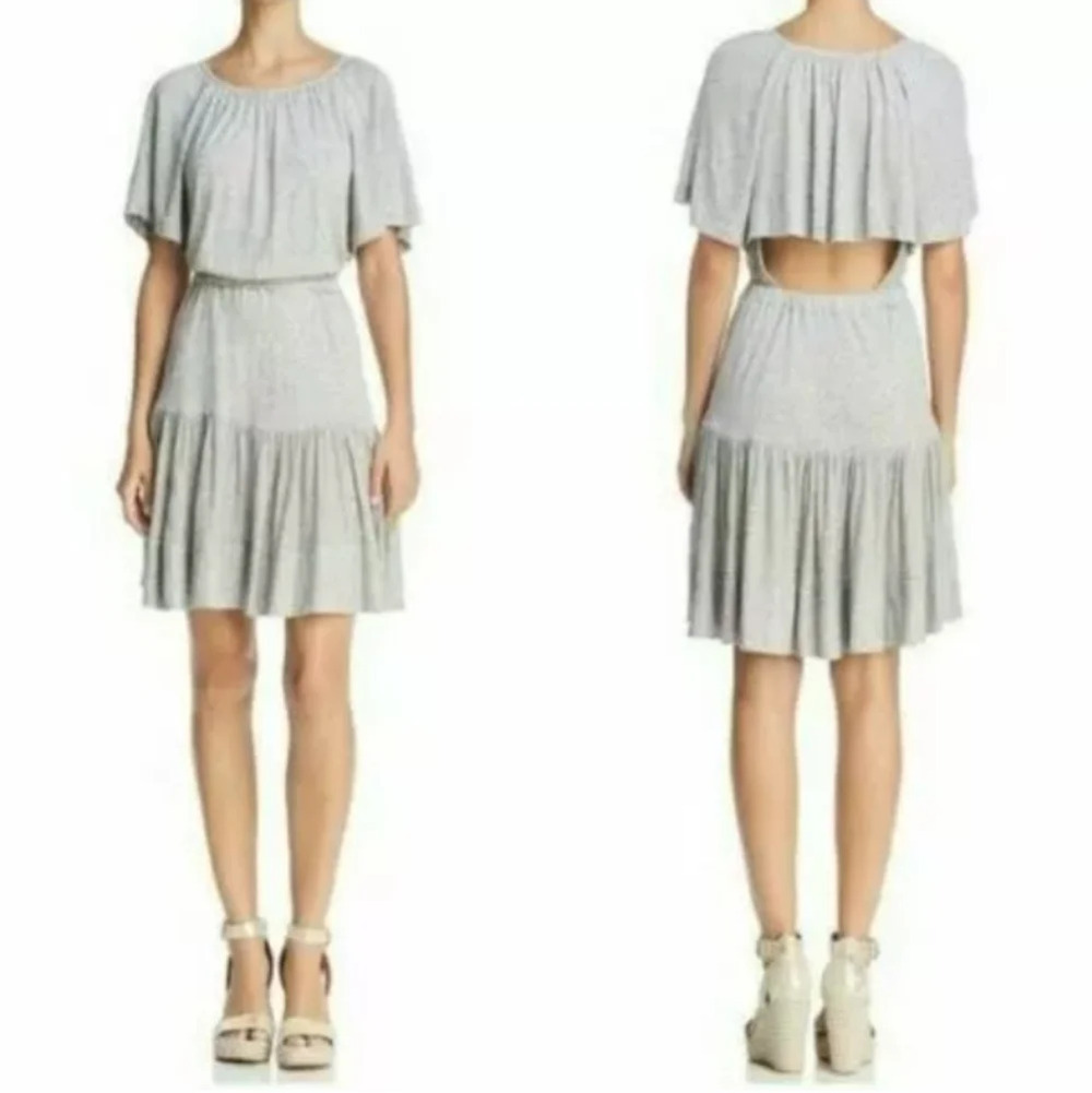 Rebecca Taylor Open Back Ruffle Grey Melange Jersey Short Flax Dress Size‎ XS